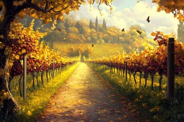 Naklejka premium anime-style Enchanted Autumn Vineyard: Mature Fruits on the Vines and the Melodious Song of Birds in an Empty Garden, an Idyllic Agricultural Retreat,Anime-Style,illustration,Picture BooksFor Poster,N