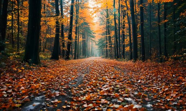 a road in the middle of a forest with lots of leaves on the ground