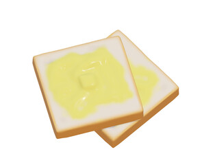 Toast with butter 3D. Traditional breakfast, buttered slice of bread.