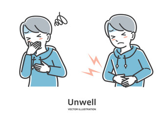 腹痛、嘔吐の症状の若い男性イラスト
