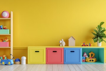 Vibrant children s bedroom decor, toys, blank wall for daycare banner in colorful interior design