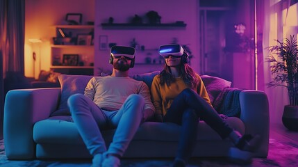 Naklejka premium Metaverse Virtual Reality Headset and Couple on Sofa in Home