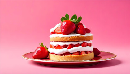 strawberry shortcake on a red plate with fresh strawberries on top and a pink background 11