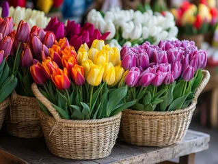  Vibrant tulips at outdoor market stall, showcasing the essence of spring in a colorful display © Daria