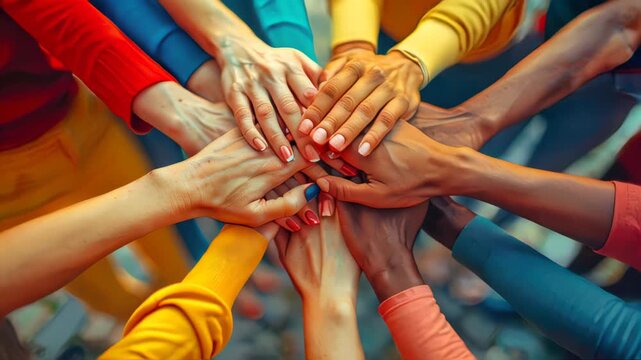 A diverse group of hands stacked together, symbolizing unity and teamwork