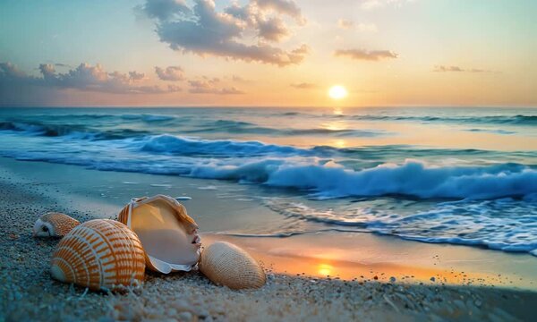 a shell on the beach with the sun setting in the background