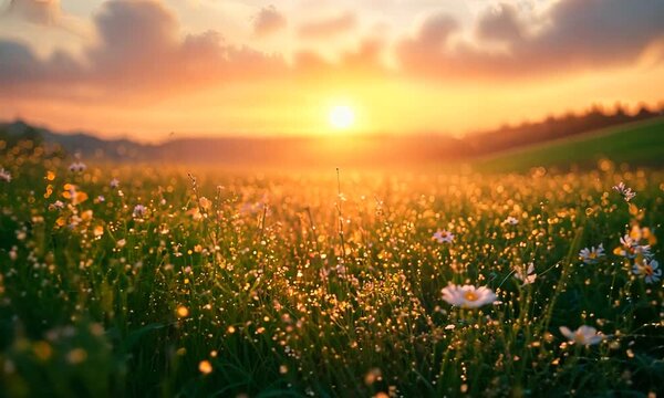 the sun is setting over a field of daisies