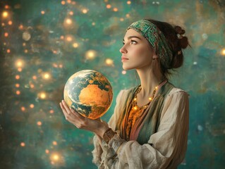 Naklejka premium Artistic portrait woman holding globe on abstract background, symbolizing international women s day