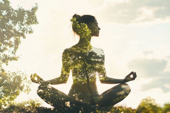 Double exposure of young woman meditating in nature, creating captivating yoga photography art