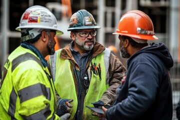 Construction workers discussing project details in a group meeting on the construction site