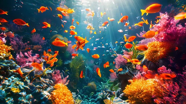 Underwater world with fish and corals. Underwater view of mari fishes and plants