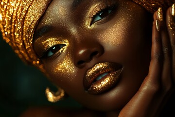 African woman in gold paint  beauty fantasy portrait with metallic makeup and arab turban jewelry