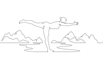Continuous one line drawing woman doing yoga outdoors. High mountain. Girl yogi standing on one leg. Mountain landscape. Meditation.One continuous line isolated minimal illustration.