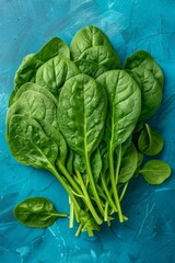 Obraz premium Fresh Organic Baby Spinach Leaves, Vitamin Rich Green Vegetables on Blue Background. Top View.