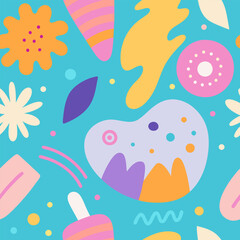 A vibrant and playful seamless pattern featuring abstract shapes, flowers, and ice cream on a bright blue background. Perfect for adding a pop of color and fun to your designs.