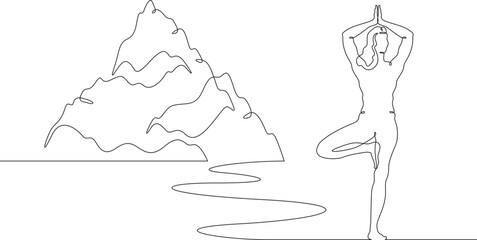 Continuous one line drawing woman doing yoga outdoors. High mountain. Girl yogi standing on one leg. Mountain landscape. Meditation.One continuous line isolated minimal illustration.