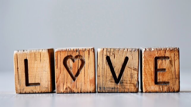 Wooden blocks spell LOVE on white background