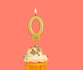 Birthday number 0 - Golden candle with cupcake