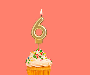 Birthday number 6 - Golden candle with cupcake