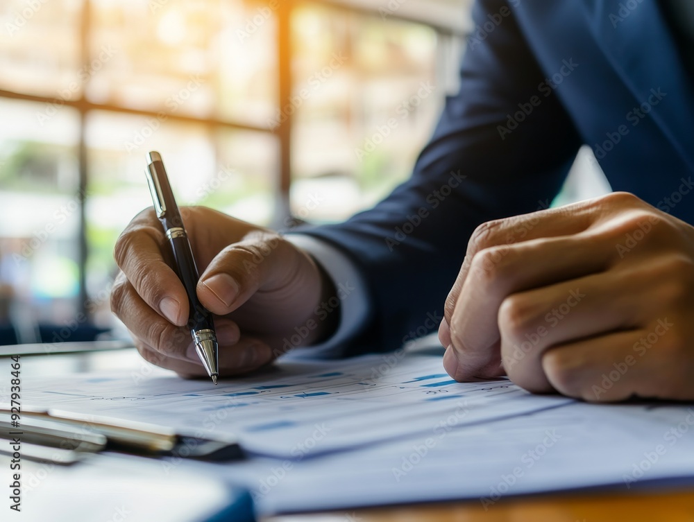Poster businessman checking quality document control checklist with pen mark for project approval
