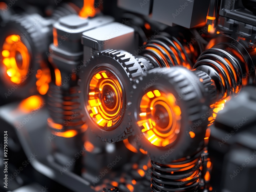 Poster hyper realistic 3d engine with spinning orange and black blocks, glowing cogs and springs in motion