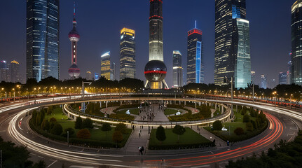 Modern City buildings in shanghai square and bridge at nigth
