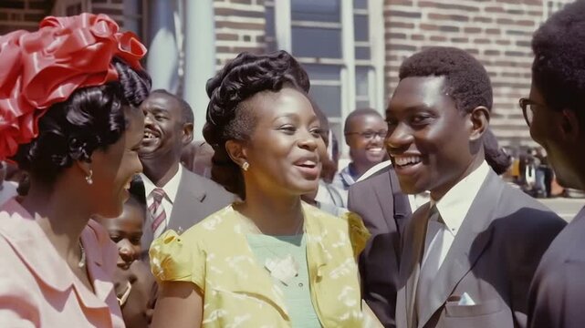 African-American people talking in front of a church