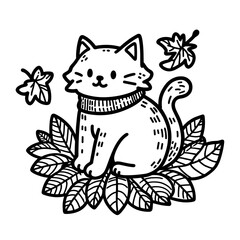 cute cat wearing a scarf and sitting on autumn leaves, fall line art sketch