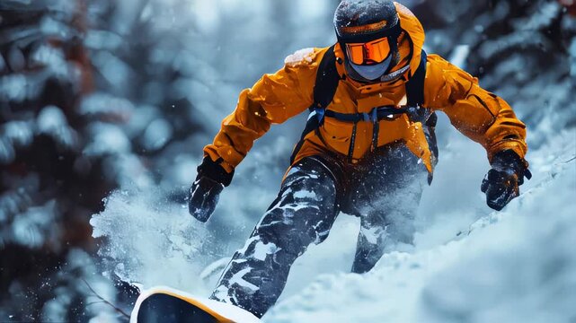 Snowboarder jumping from a hill in winter, creating a dynamic action shot with snow flying