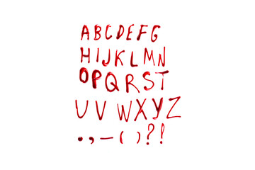 Bloody letters and symbols. bloody alphabet.Letters abs with streaks and blood stains isolated on...
