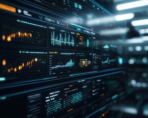 Fototapeta premium Futuristic data dashboard displaying analytics, graphs, and vibrant indicators in a high-tech environment.