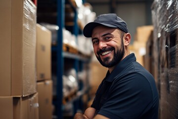 Smiling delivery personnel in warehouse uniform captured in a joyful and vibrant photograph