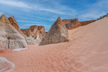 Hills sculpted by erosive processes caused by the action of the wind, in clay soil, forming gullies and cliffs. Morro Branco Beach, Beberibe, CE, Brazil, 2020