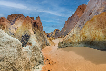 Hills sculpted by erosive processes caused by the action of the wind, in clay soil, forming gullies and cliffs. Morro Branco Beach, Beberibe, CE, Brazil, 2020