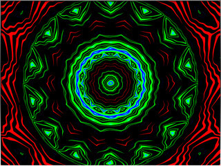 Brightly colored concentric patterns with green, red, and blue hues create a vibrant visual effect. The geometric designs form a kaleidoscopic, mandala-like arrangement, emanating from the center.