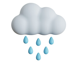 3d cloud icon with rain drops on isolated transparent background