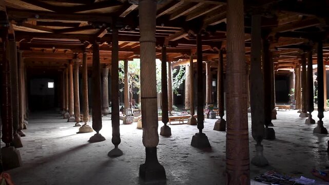 Old Juma Mosque with wooden columns, in the old town of Khiva, Uzbekistan, Asia