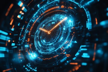 Obraz premium Futuristic clock face surrounded by digital data in a captivating photography shot