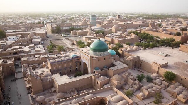Old town of Khiva, oriental oasis city, clay buildings, alleys and colourful domes, Khiva, Uzbekistan, Asia