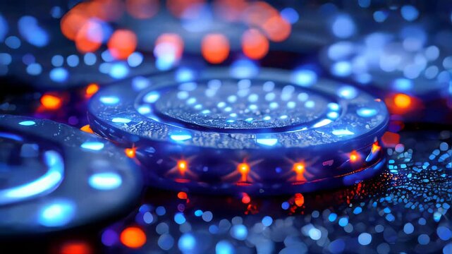 Stacks of blue and white casino chips against a dark background