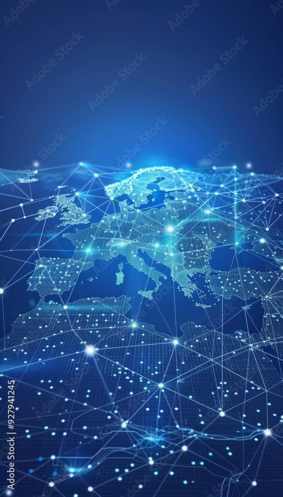 Poster global network connections and data exchange futuristic visualization of worldwide communication.