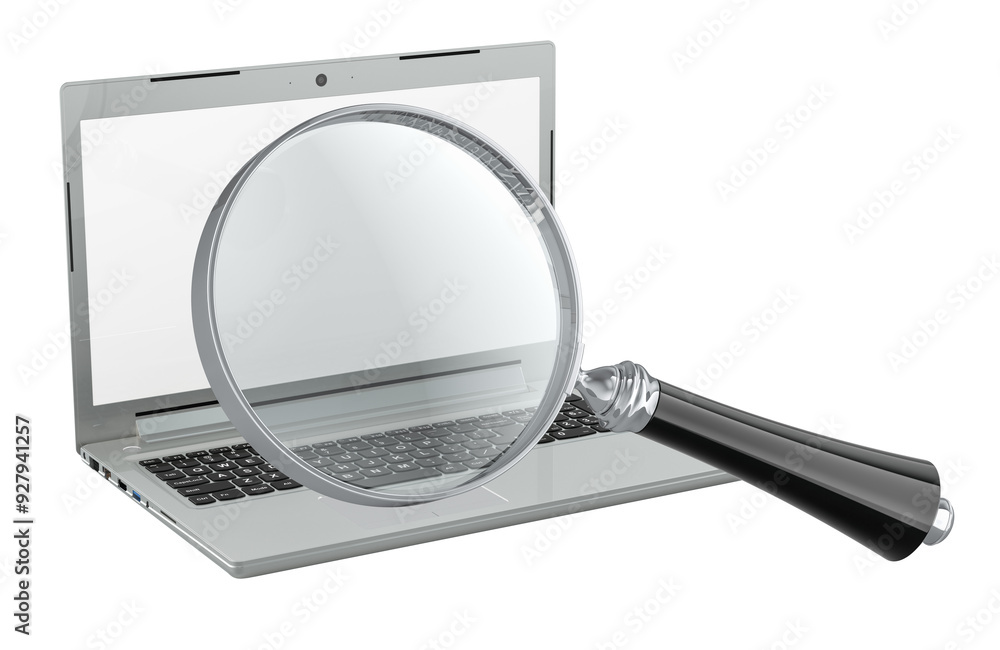 Poster laptop computer with magnifier glass, 3d rendering isolated on transparent background
