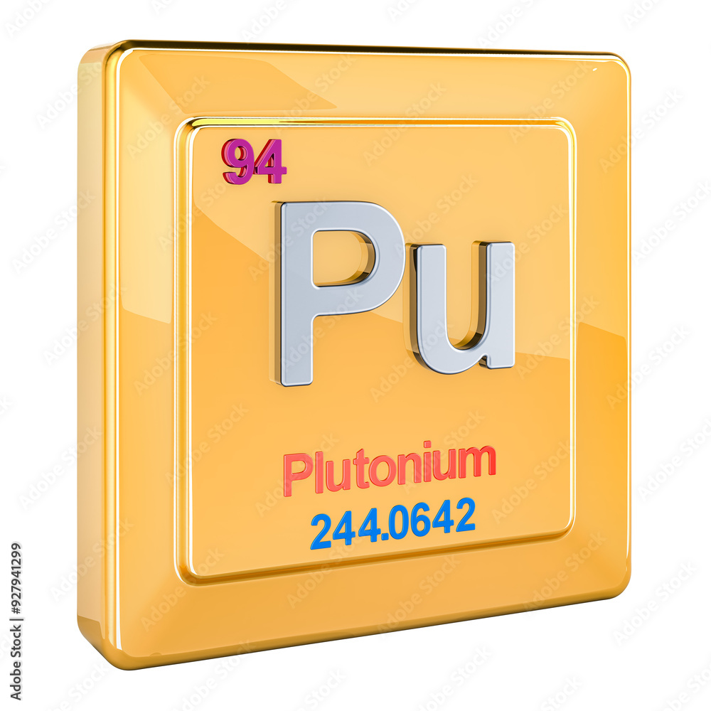 Aufkleber plutonium pu, chemical element sign with number 94 in periodic table. 3d rendering isolated on trans