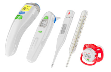 Mercury, digital, infrared, ear thermometers and pacifier thermometer. Medical thermometers, different types. 3D rendering isolated on transparent background