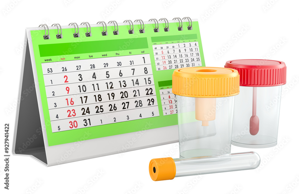 Poster stool and urine analysis, concept. desk calendar with containers for stool sample and urine. 3d rend