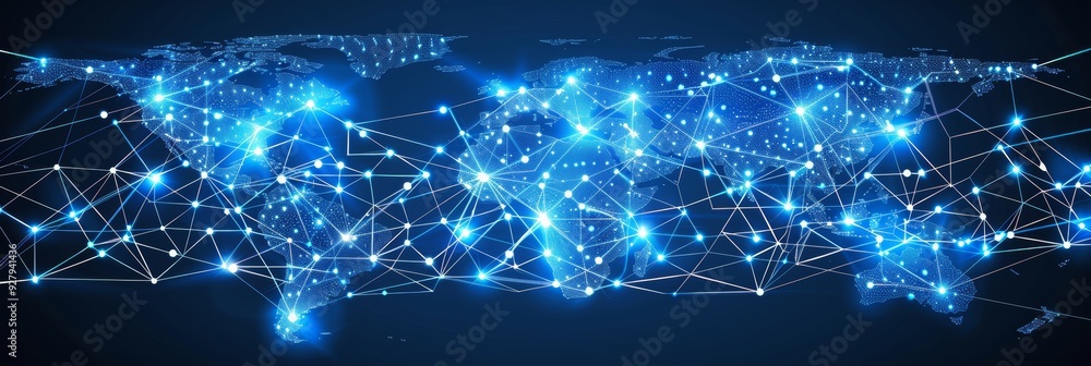 Poster global network, world map with digital connections and nodes, technology and communication