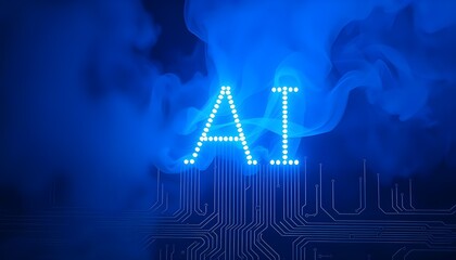  AI, smoke with technology, light fall on AI. Concept of artificial intelligence with digital technology.