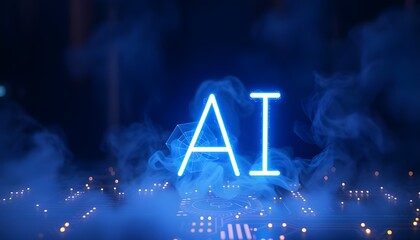  AI, smoke with technology, light fall on AI. Concept of artificial intelligence with digital technology.