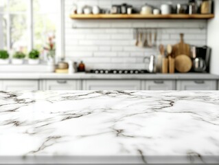 White marble tabletop on blurred kitchen background for product display photography