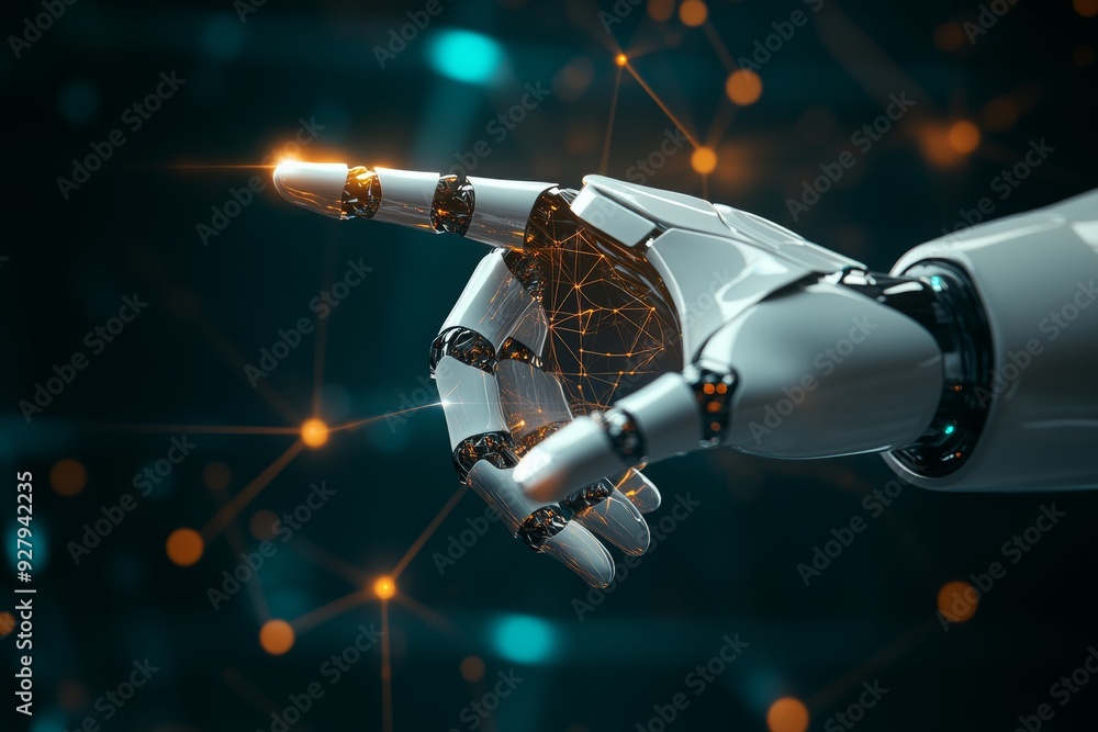 Poster futuristic ai productivity banner with robot finger pointing at data connection hologram